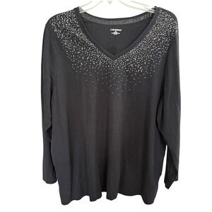 Catherines Cotton Tunic Top 3X Black Studded Bling Elegant Glam Holiday Oversize